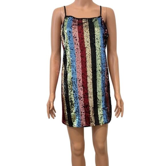 medium sequin multicolor striped mini dress metallic D4 2921 - Picture 2 of 11